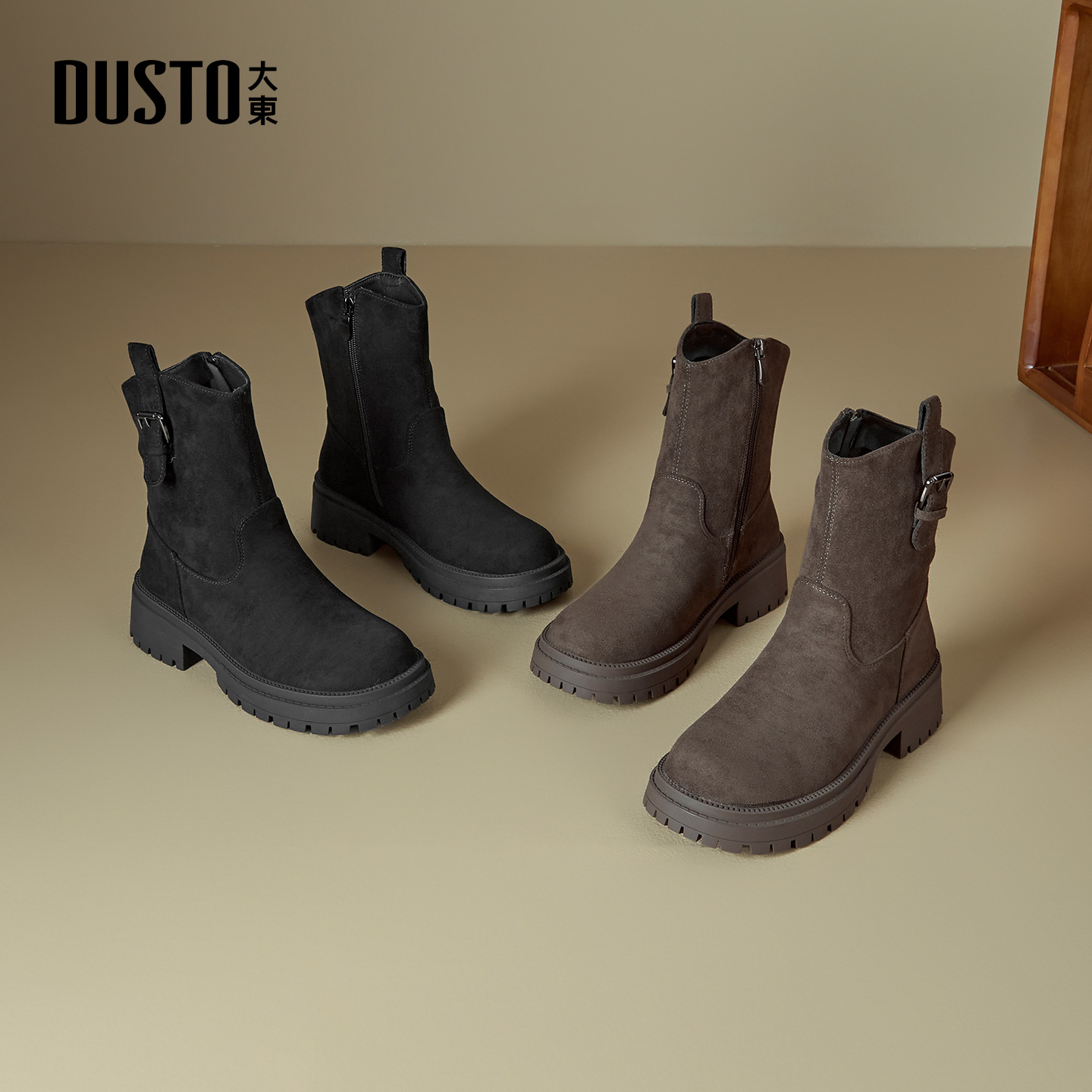 大东短靴女2025冬季新款女鞋气质高跟绒面裸靴妈妈鞋法式瘦瘦靴子