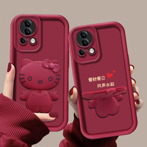 适用于华为nova12Pro手机壳nova13保护套nova11酒红色nova10防摔nova9多用途不顶膜硅胶镜子猫咪支架个性创意