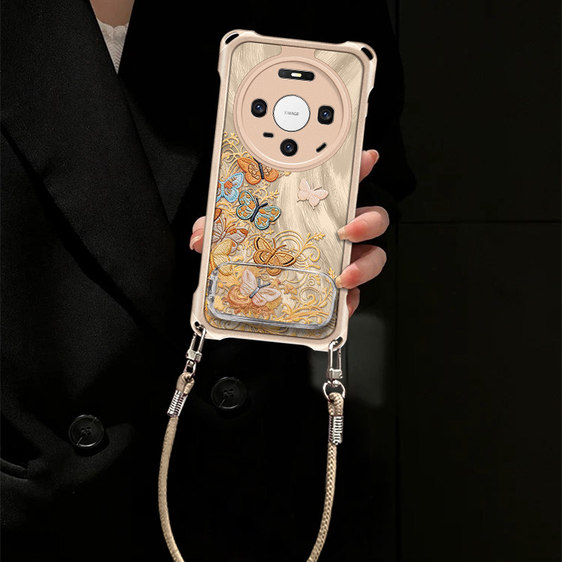 适用于华为mate80手机壳华为mate70镜子支架mate60四角挂绳mate50羽纱多彩蝴蝶mate40不顶膜防摔防刮镜头加高