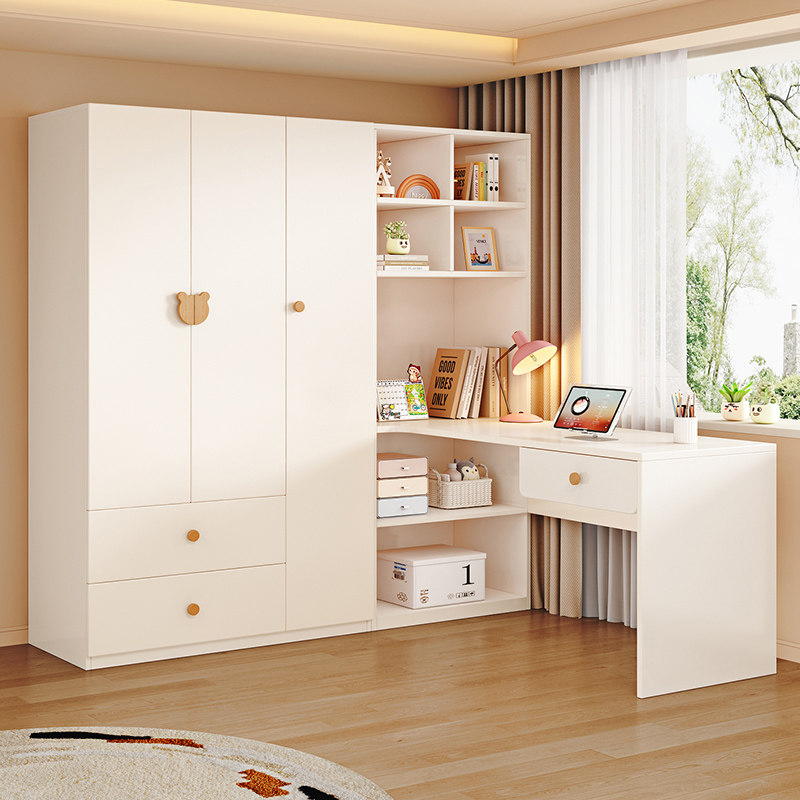 实木衣柜家用卧室带书桌一体儿童房间家用转角电脑桌卧室组合衣橱