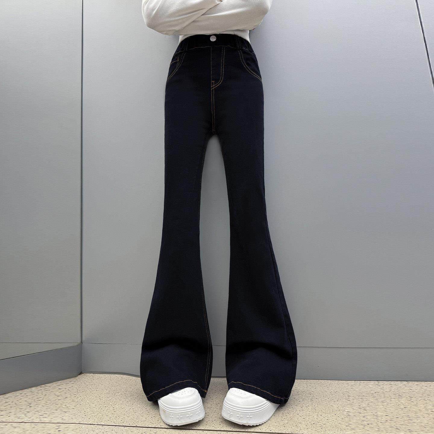 女童喇叭裤春秋装2025新款儿童秋季牛仔裤女孩大童黑色微喇长裤子