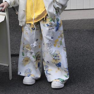 Jimmy妈童品【花繁春序】春季新款黄色花卉破洞白色牛仔裤阔腿裤