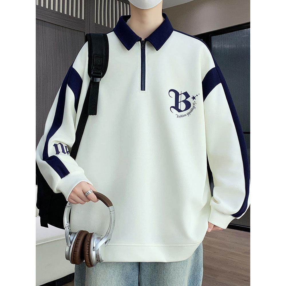 翻领长袖t恤男生春秋季新款青少年宽松polo衫学生大童卫衣男装潮