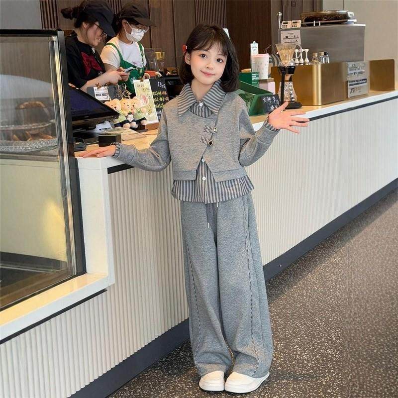 女童套装秋装2025新款洋气时髦超好看衬衫卫衣假两件女大童春秋款