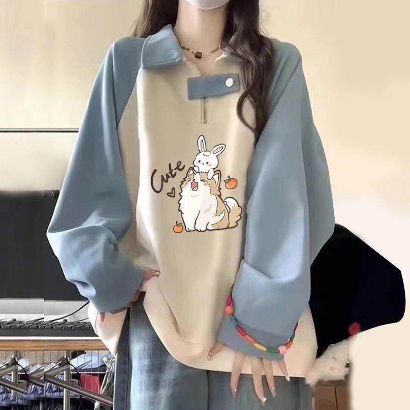 重磅纯棉polo领卫衣女大童初中高中学生加绒加厚宽松慵懒风上衣潮