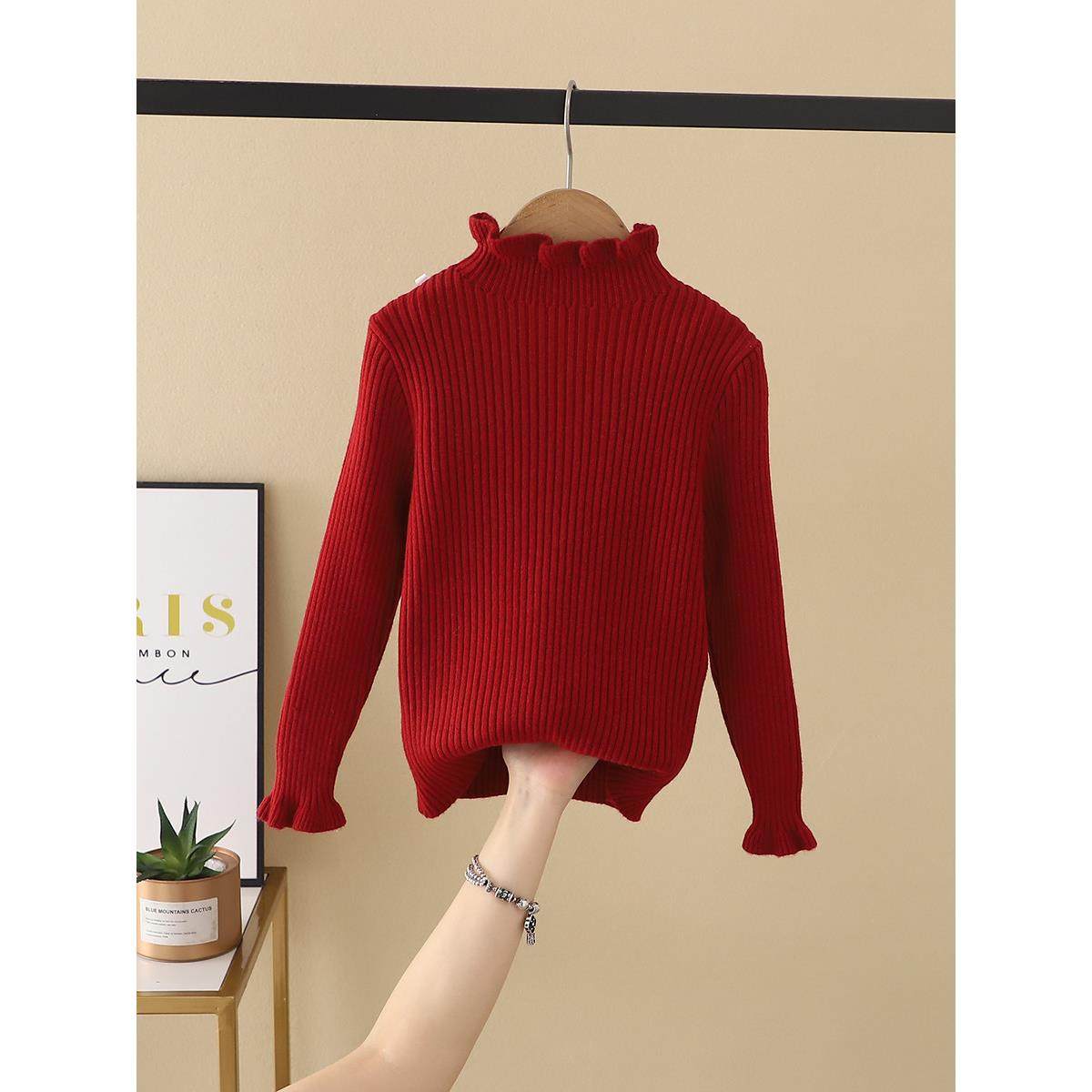 女童弹力衫木耳边秋冬款儿童针织衫女宝宝毛衣红色打底衫黑色内搭