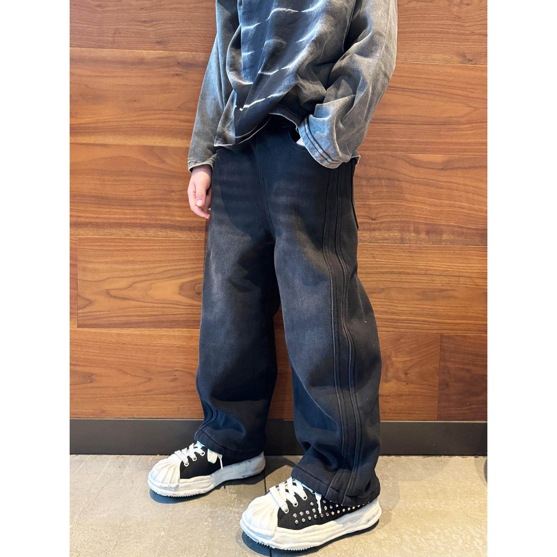 男童加绒牛仔裤子黑灰2025冬季新品潮流直筒阔腿休闲宝宝儿童长裤