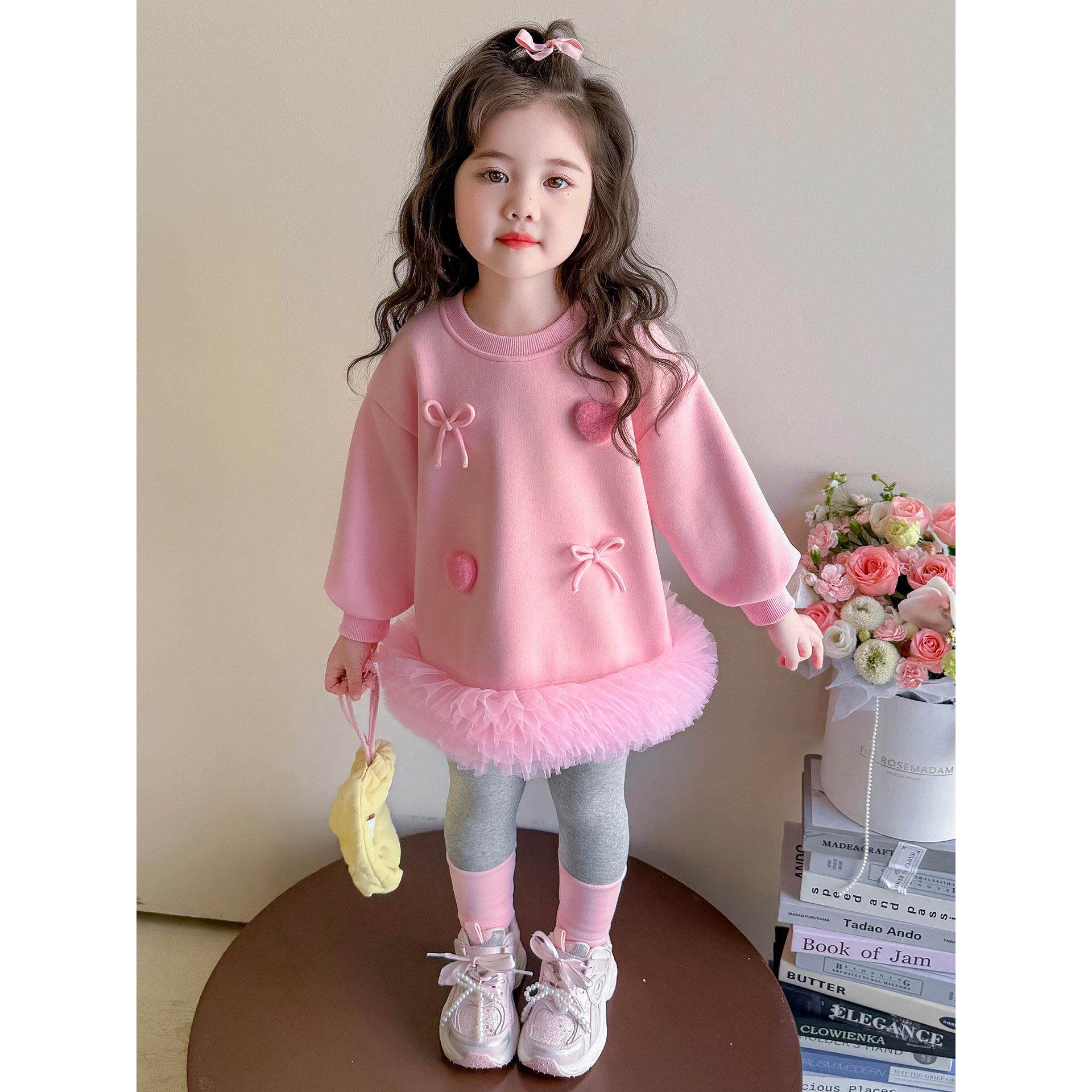 女童加绒套装秋冬洋气网纱儿童卫衣裙女孩冬季加厚宝宝裙子两件套