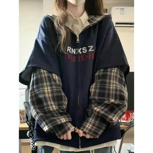 美式复古假两件格子连帽卫衣女春秋季慵懒风大童初中高中学生外套