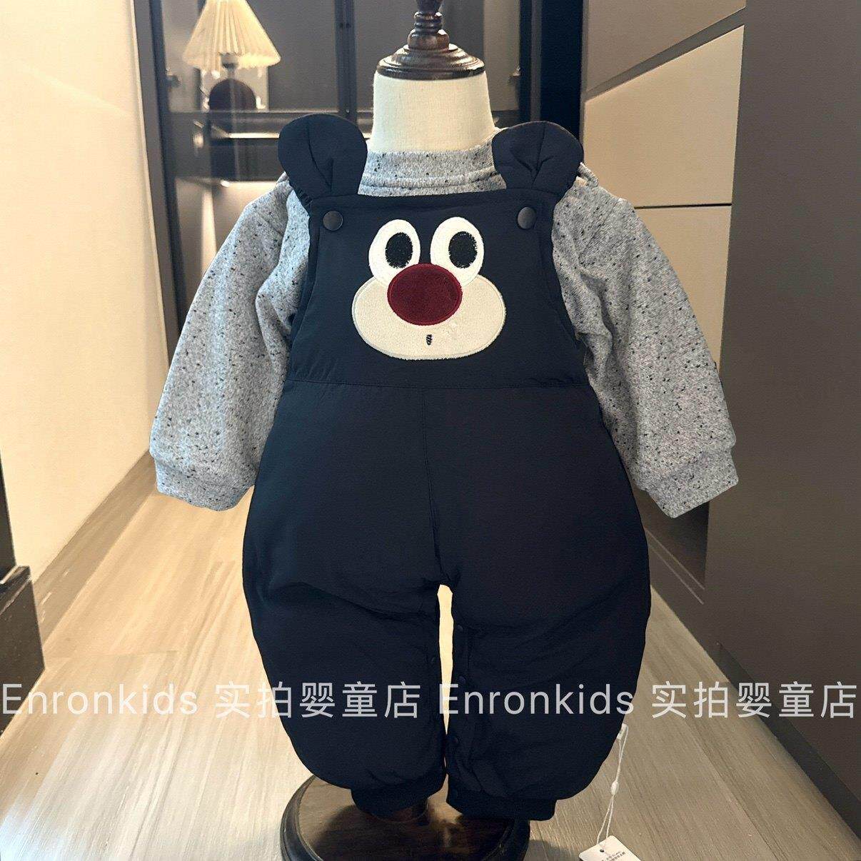 ins婴儿冬季加厚爬服男女宝宝可爱小熊夹棉背带裤条纹卫衣套装韩