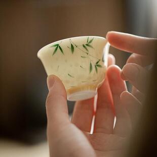 陶瓷文人喝茶杯 手绘釉下彩薄胎品茗杯 功夫茶具家用竹子小单杯子