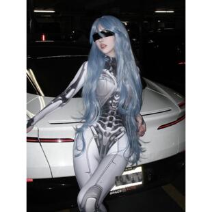 KKX赛博朋克机械姬印花高领长袖连衣裙性感辣妹连体裤cos演出服装