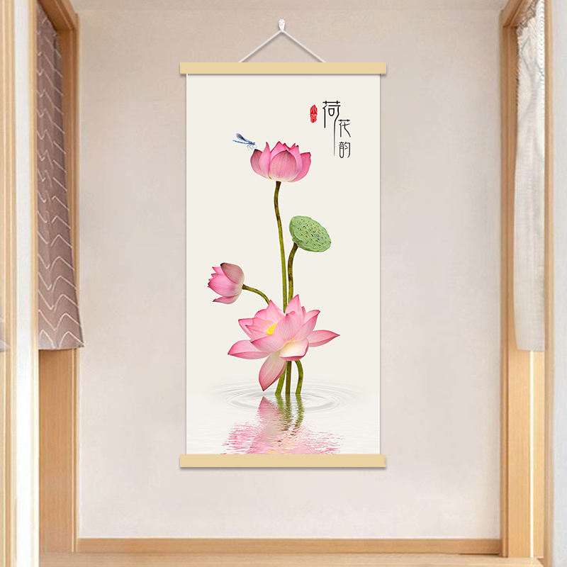 新中式荷花水墨玄关装饰画客厅餐厅茶室免打孔复古禅意竖款挂墙画图片