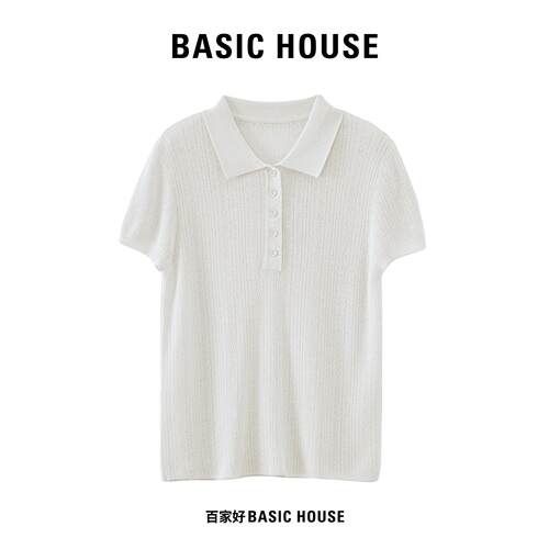 Basic House/百家好温柔纯色Polo领针织短袖夏季透气百搭简约上衣