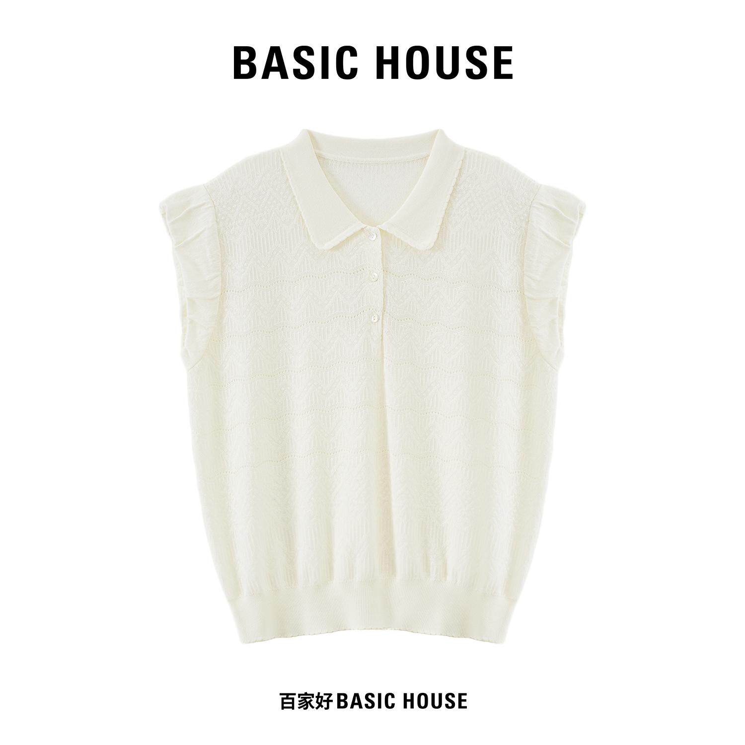 Basic House/百家好polo翻领小飞袖针织衫女夏季镂空波浪无袖上衣图片