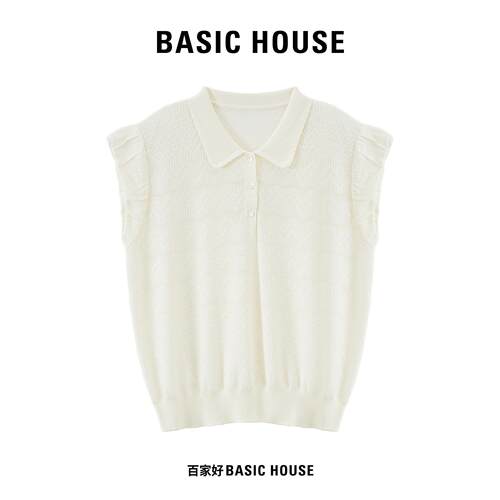 Basic House/百家好polo翻领小飞袖针织衫女夏季镂空波浪无袖上衣
