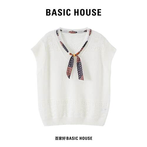 Basic House/百家好复古碎花飘带V领针织衫薄款透气镂空遮肉上衣