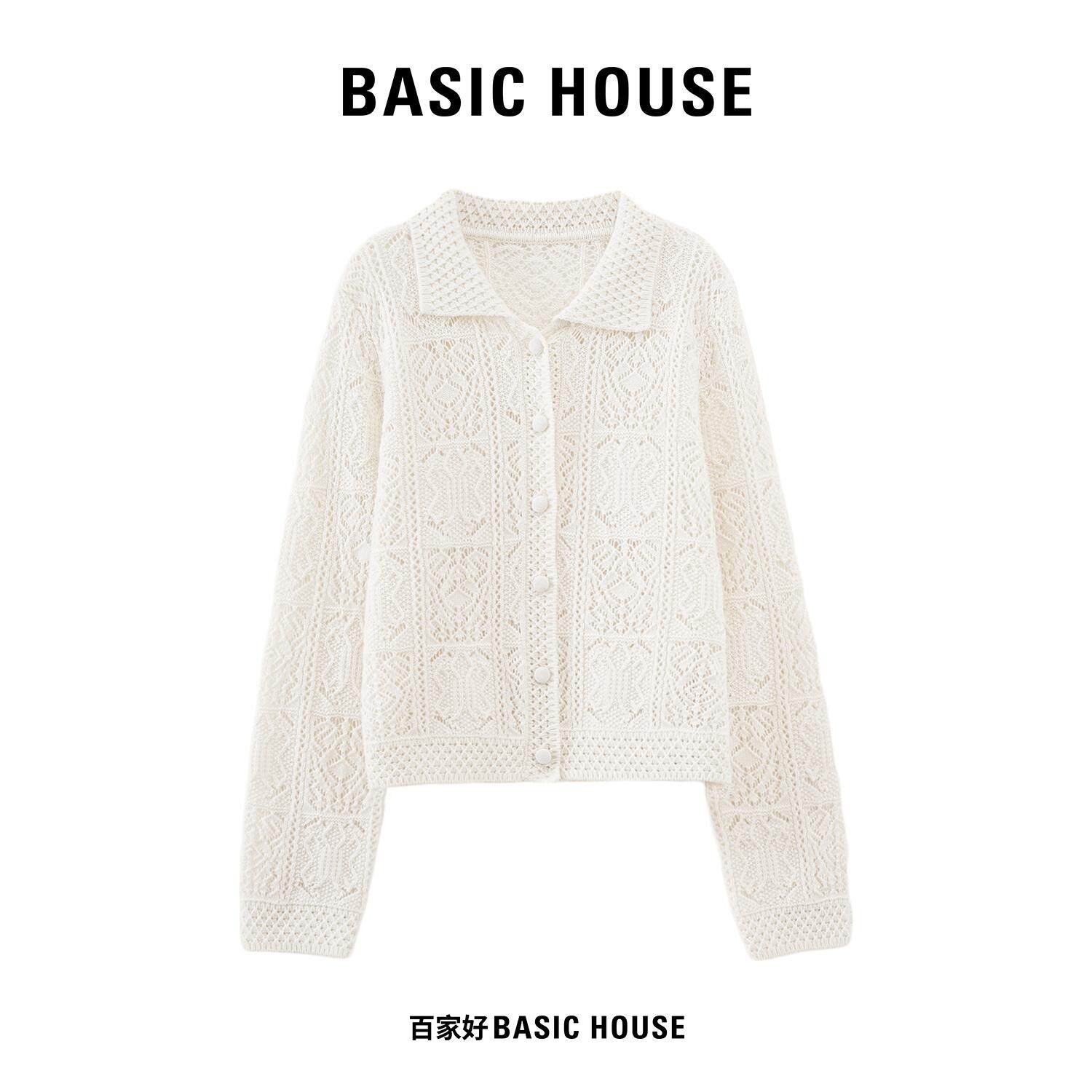Basic House/百家好翻领镂空绵羊毛针织开衫女秋时尚百搭长袖上衣