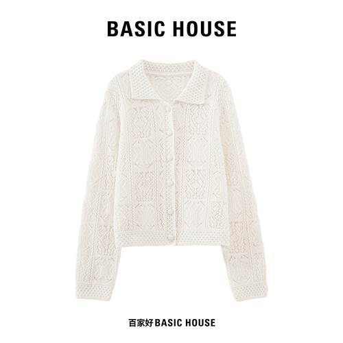 Basic House/百家好翻领镂空绵羊毛针织开衫女秋时尚百搭长袖上衣
