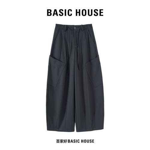 Basic House/百家好黑色抽绳腰工装镰刀裤女宽松阔腿裤百搭休闲裤