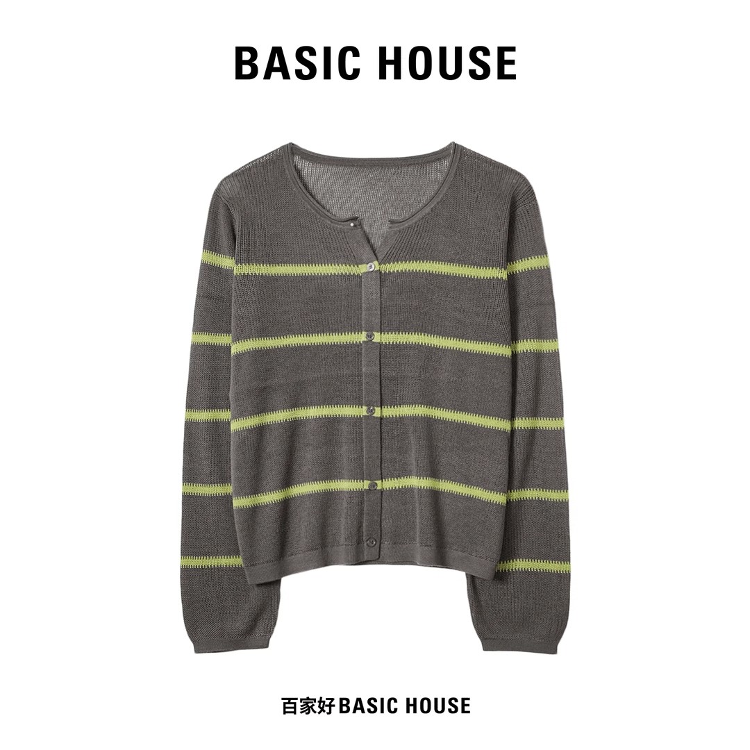Basic House/百家好韩版条纹针织衫女2025年春季新款圆领时尚开衫