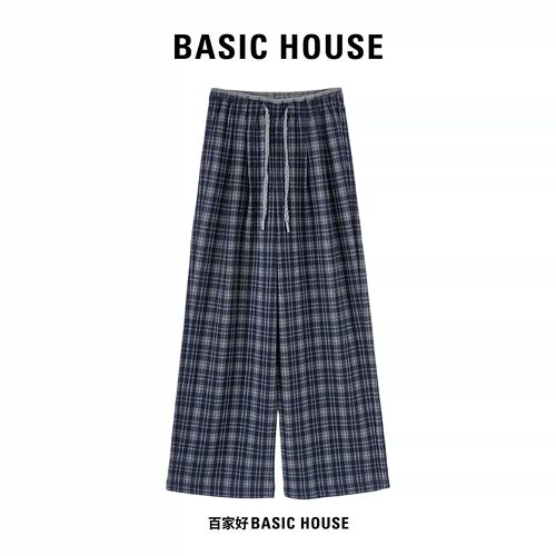 Basic House/百家好蓝色调格子裤抽绳腰慵懒风垂顺宽松直筒阔腿裤