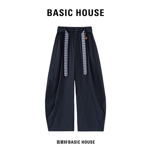 Basic House/百家好条纹抽绳飘带弯刀裤女夏季薄款宽松阔腿休闲裤