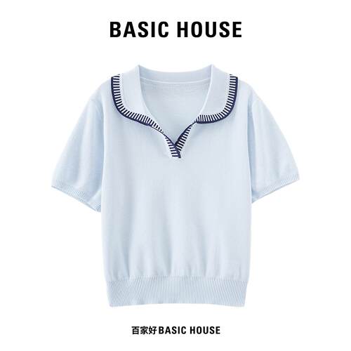 Basic House/百家好翻领针织短袖女夏季薄款显瘦撞色百搭短款上衣