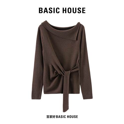 Basic House/百家好早秋通勤温柔针织衫斜翻领侧腰系带收腰上衣