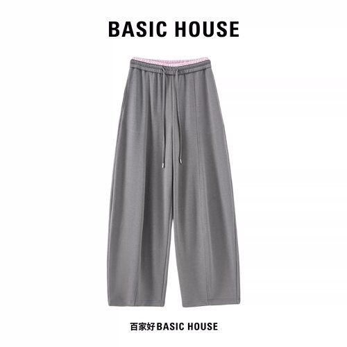 Basic House/百家好高腰抽绳拼色腰头弯刀裤女显瘦宽松阔腿休闲裤