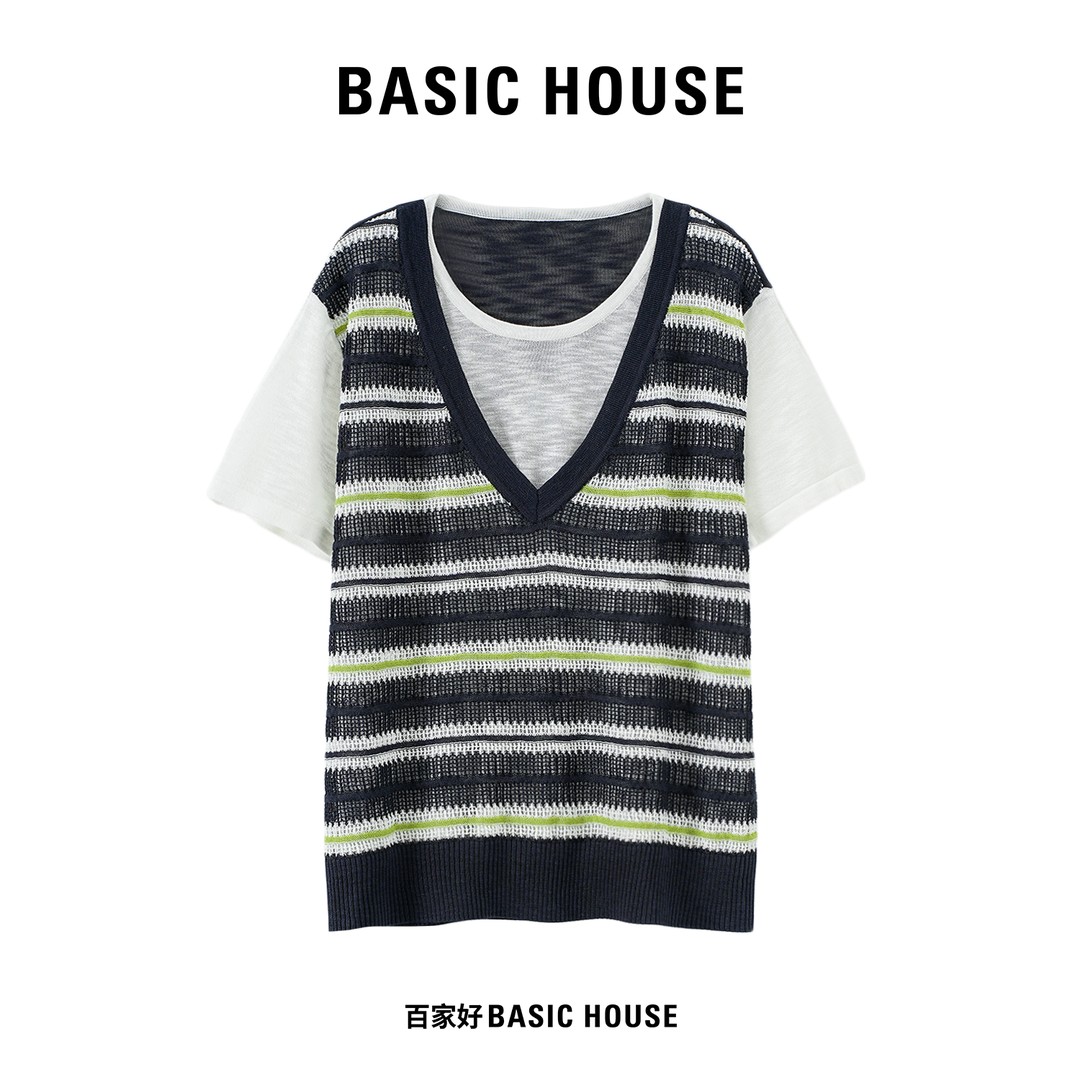 Basic House/百家好清爽撞色条纹假两件针织衫女夏季薄款镂空上衣图片