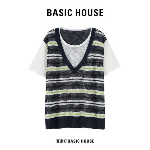 Basic House/百家好清爽撞色条纹假两件针织衫女夏季薄款镂空上衣