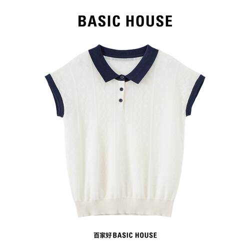 Basic House/百家好简约翻领撞色镂空针织衫女薄款立体刺绣上衣
