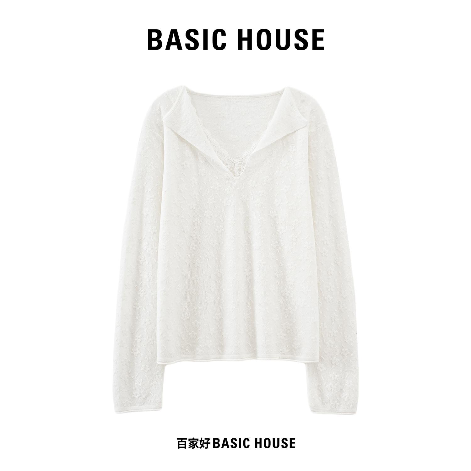 Basic House/百家好白色立体提花蕾丝衫女翻领深V设计感长袖上衣图片