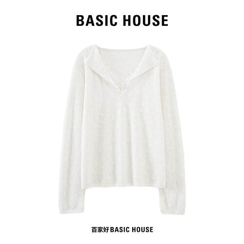 Basic House/百家好白色立体提花蕾丝衫女翻领深V设计感长袖上衣