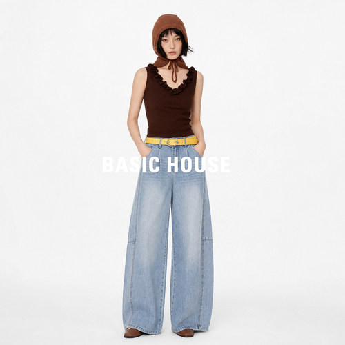 Basic House/百家好复古做旧浅蓝牛仔弯刀裤女高腰显瘦阔腿长裤