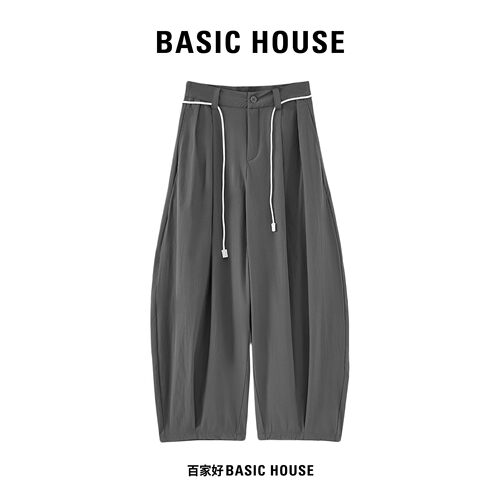 Basic House/百家好慵懒褶皱系带弯刀阔腿裤女高腰透气松弛休闲裤