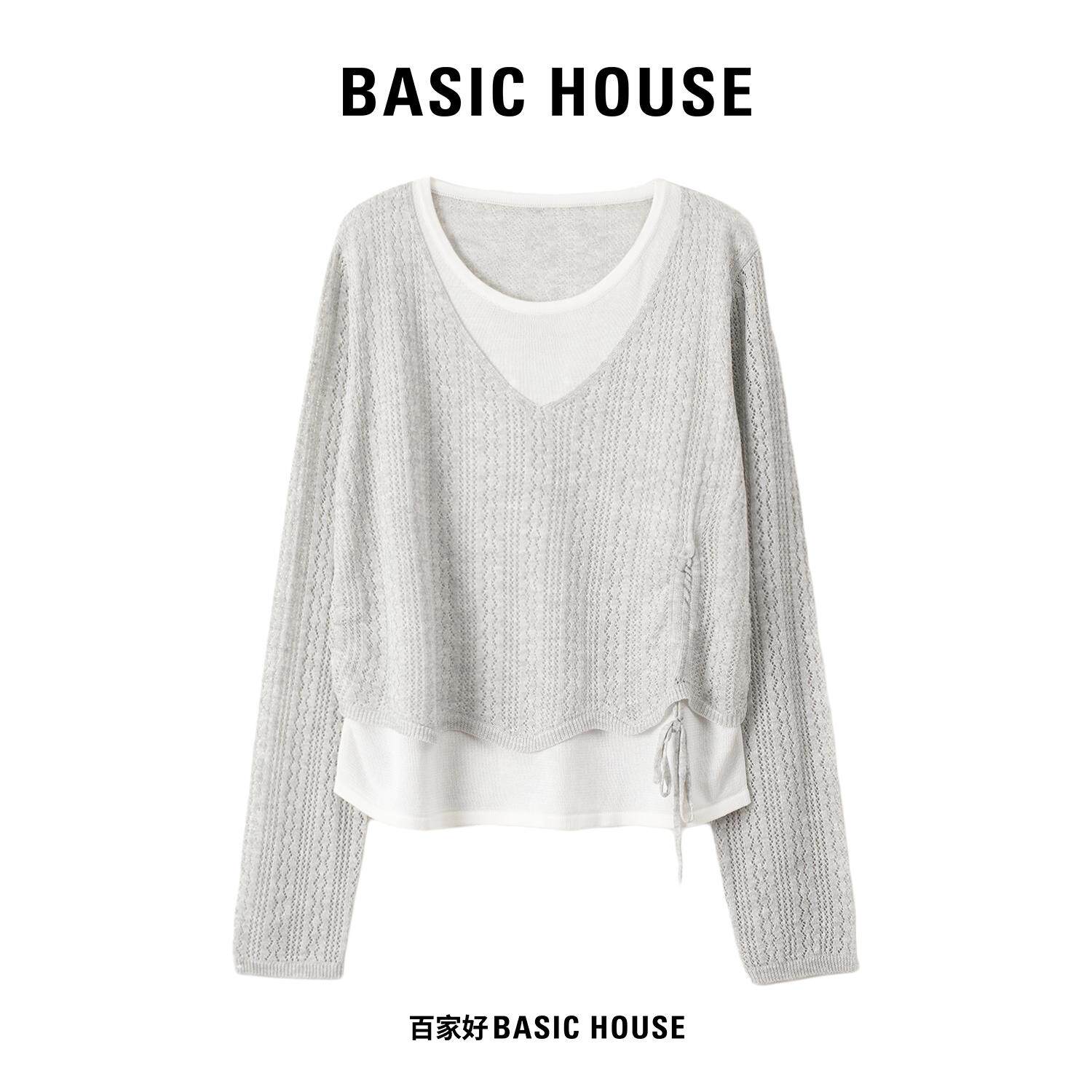 Basic House/百家好早秋叠穿假两件针织罩衫女V领撞色拼接长袖