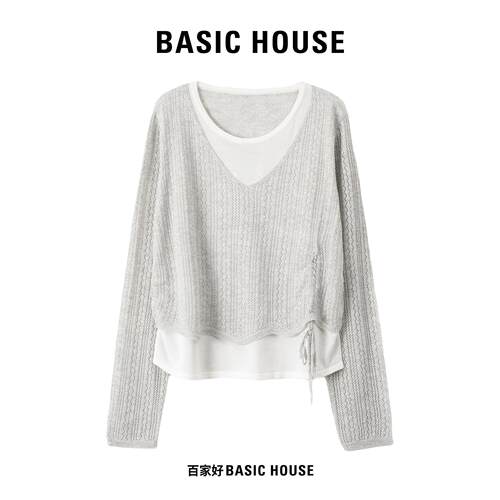 Basic House/百家好早秋叠穿假两件针织罩衫女V领撞色拼接长袖