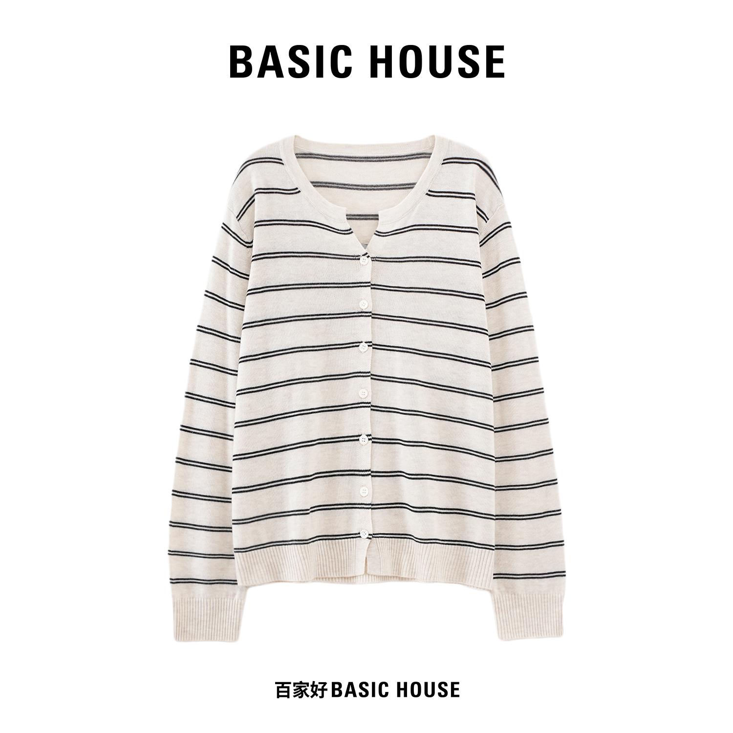 Basic House/百家好早秋新款条纹V领针织衫女宽松长袖单排扣上衣