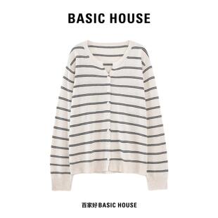 Basic House/百家好早秋新款条纹V领针织衫女宽松长袖单排扣上衣