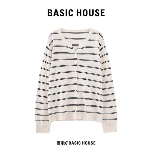 Basic House/百家好早秋新款条纹V领针织衫女宽松长袖单排扣上衣