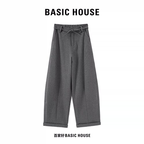 Basic House/百家好慵懒蝴蝶结系带阔腿裤女紧腰宽松卷边休闲裤