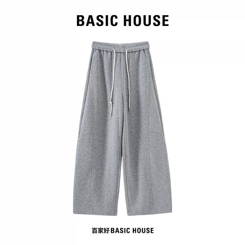 Basic House/百家好慵懒风灰色分割卫裤女松紧腰宽松垂感休闲裤