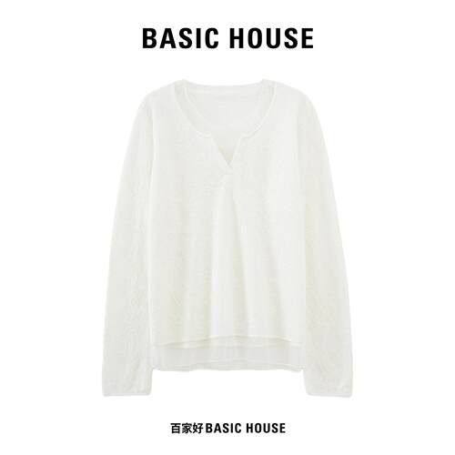 Basic House/百家好小V领蕾丝打底衫女浮雕提花网纱拼接针织衫