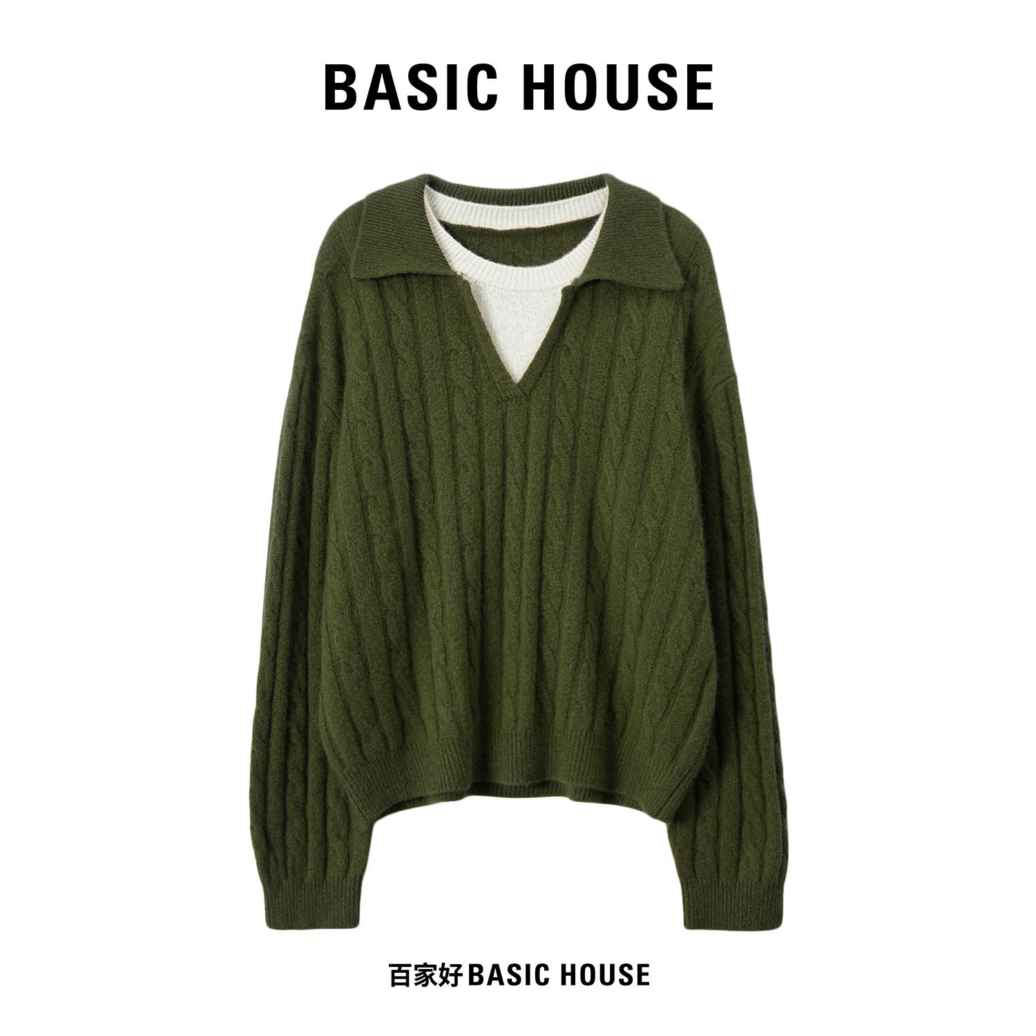 Basic House/百家好假两件针织衫女2025新款森系翻领长袖上衣女
