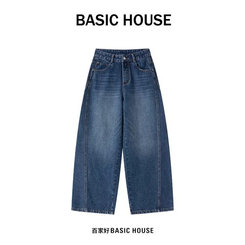 Basic House/百家好复古蓝阔腿牛仔裤女侧边拼接压线设计百搭长裤