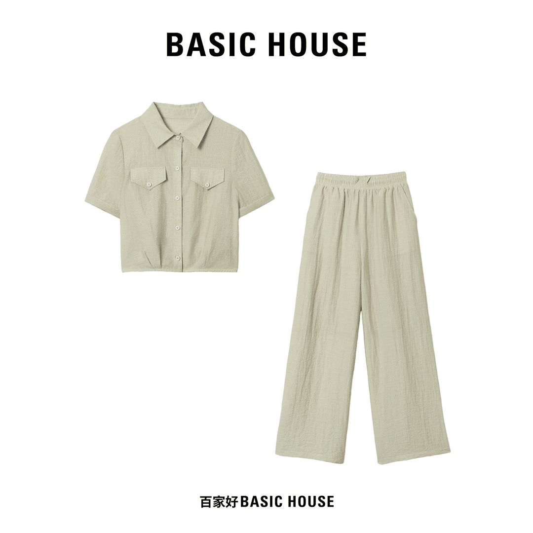 百家好衬衫款短袖高腰长裤套装女