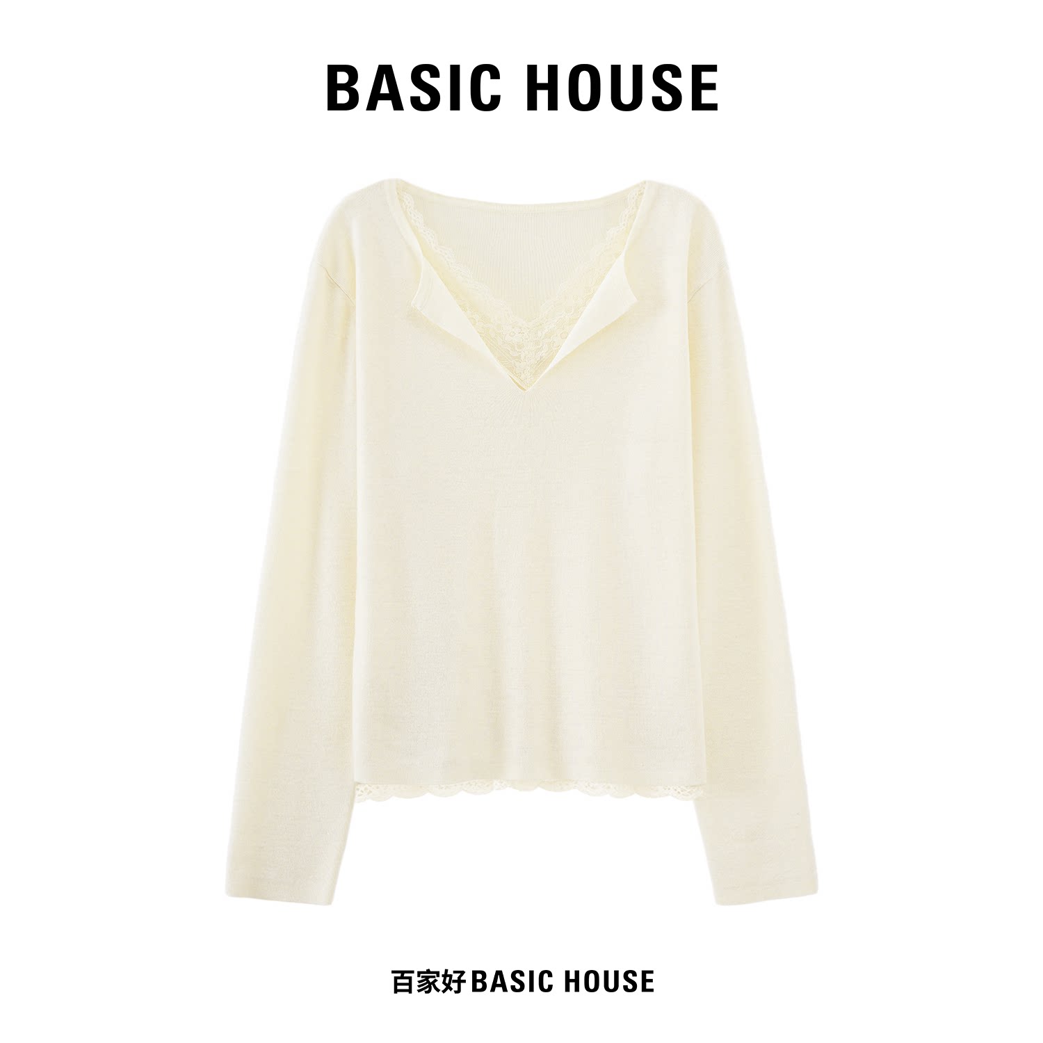 Basic House/百家好修身气质针织衫女2025年秋季拼接蕾丝百搭上衣