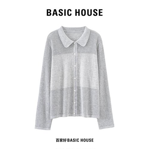 Basic House/百家好气质翻领镂空针织开衫女早秋蕾丝拼接百搭上衣